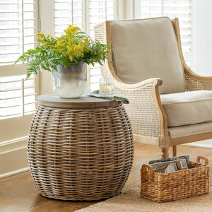 Rattan Side Table with Teak Wood Top