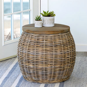 Rattan Side Table with Teak Wood Top